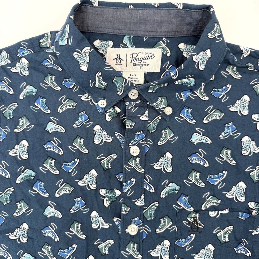 Original Penguin Shirt Mens Large Blue Sneaker Print Short Sleeve‎ Button Down